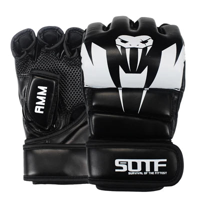 A pair of black and white MMA boxing gloves featuring a stylized skull design.