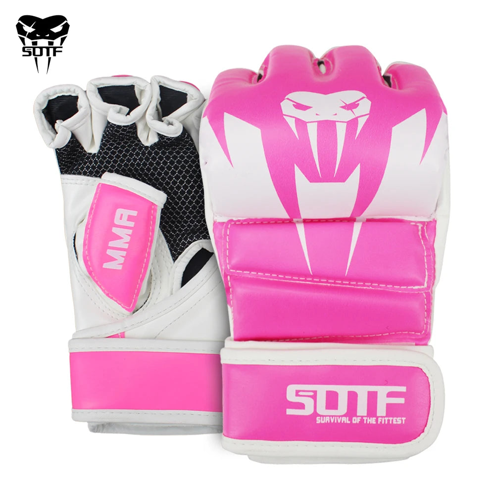 A pair of pink and white MMA boxing gloves for combat sports