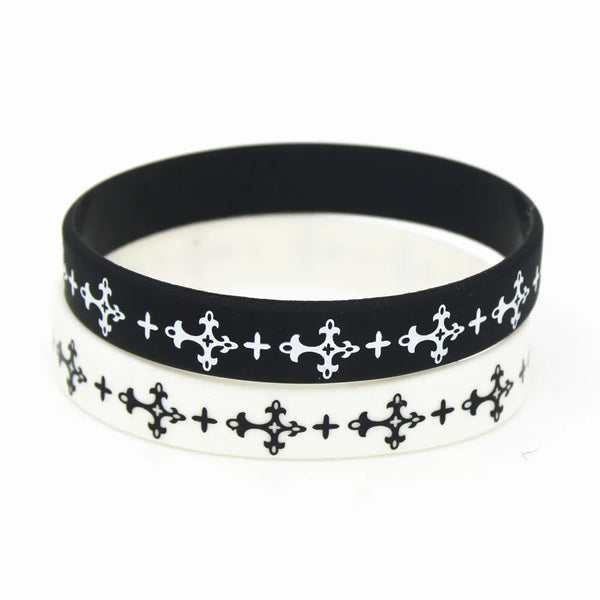 Pulsera cruz de silicona en blanco y negro para deporte y moda