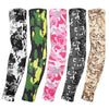 A set of five tactical arm sleeves in camouflage patterns including black white green and pink