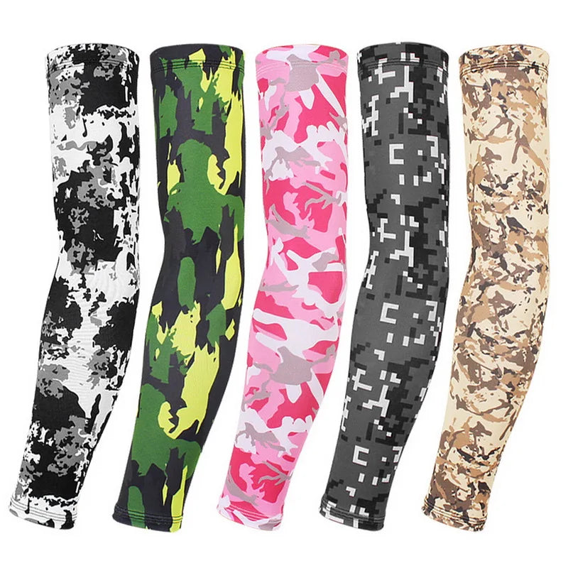 A set of five tactical arm sleeves in camouflage patterns including black white green and pink