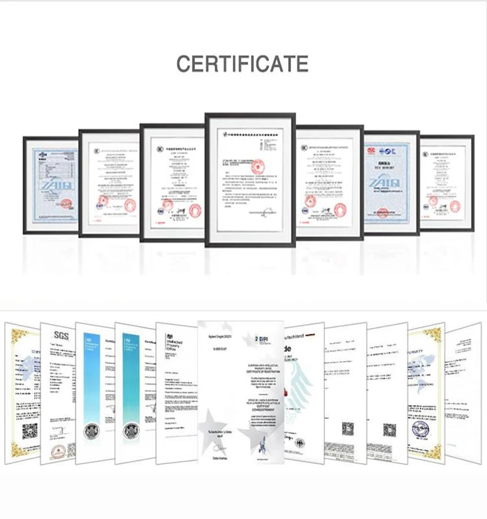 A collection of various certificates and documents related to archery equipment.