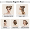 Hair styling tutorial showing various ways to wear messy curly hair bun extensions including double bun, half bun, top bun, l