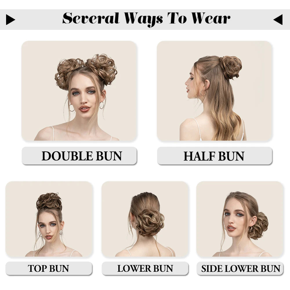 Hair styling tutorial showing various ways to wear messy curly hair bun extensions including double bun, half bun, top bun, l