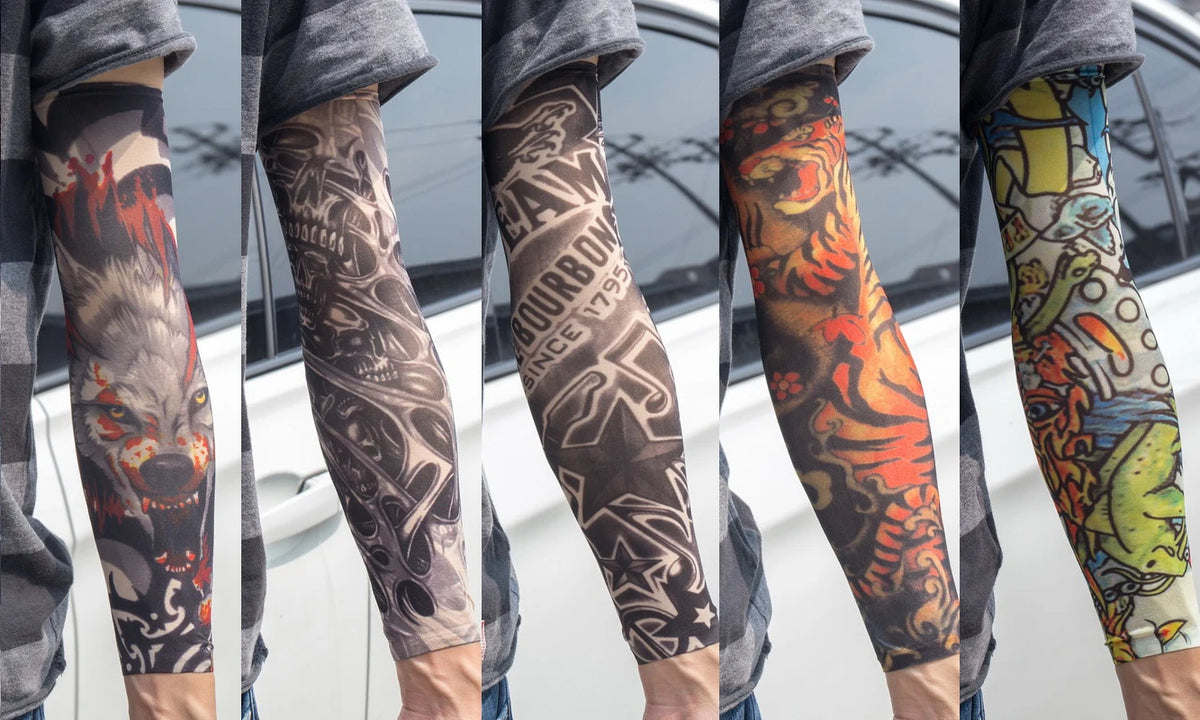 A close-up of a person wearing colorful, detailed tattoo arm sleeves for UV protection.