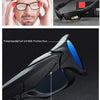 A close-up view of black polarized sports sunglasses with UV400 protection, showing the frame design and nose pads.