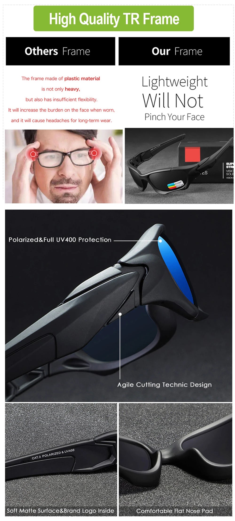 A close-up view of black polarized sports sunglasses with UV400 protection, showing the frame design and nose pads.