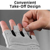 A hand is demonstrating the convenient take-off design of a gray cycling glove for MTB and sports.