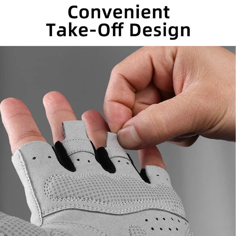 A hand is demonstrating the convenient take-off design of a gray cycling glove for MTB and sports.