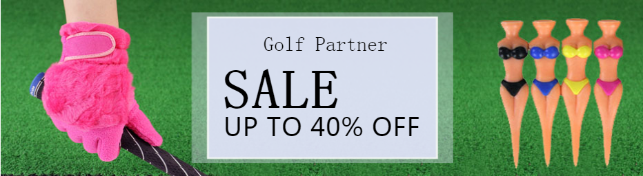 A pink golf glove is shown next to a sale banner offering up to 40% off golf partners.