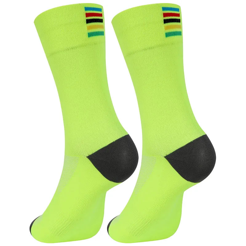 A pair of neon yellow performance cycling and sports socks with black accents.