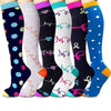A row of multi-color compression socks featuring various heart and medical symbols.