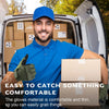 A man wearing a blue polo shirt holds a cardboard box with green tactical gloves in the open trunk of a vehicle.