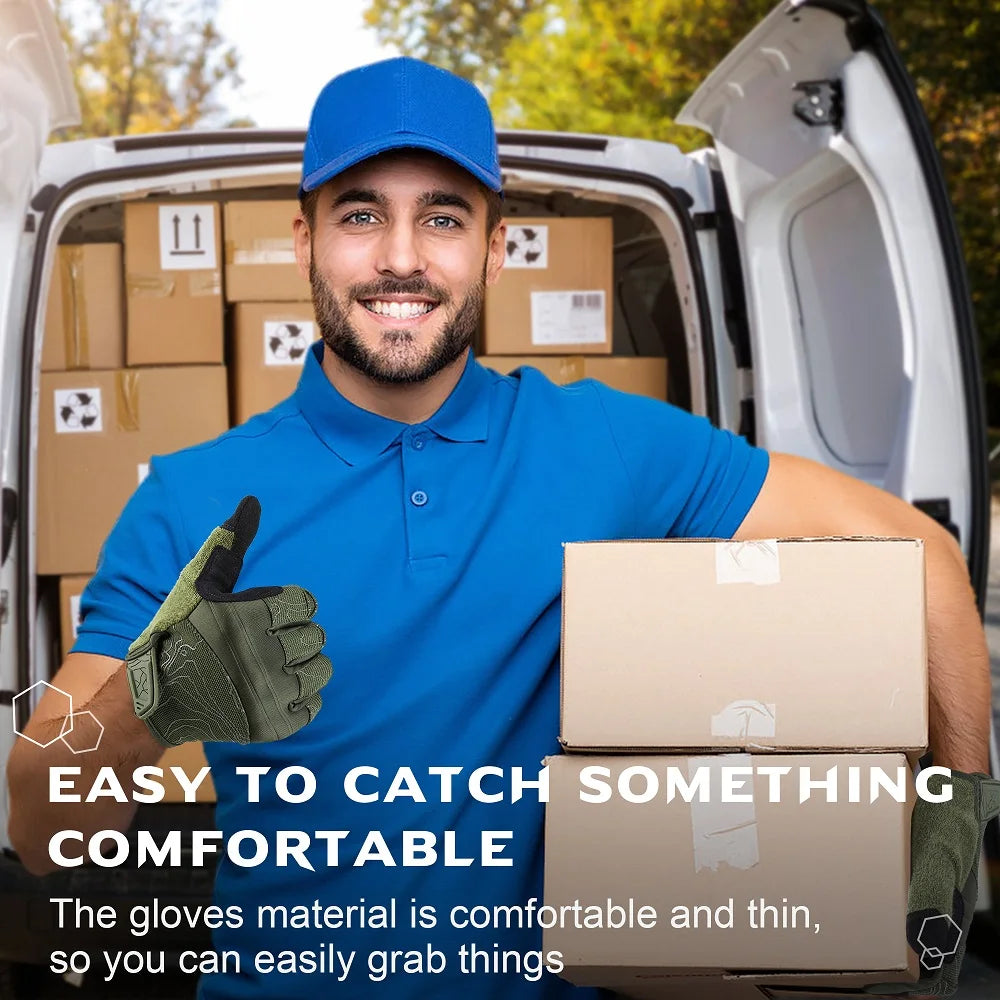 A man wearing a blue polo shirt holds a cardboard box with green tactical gloves in the open trunk of a vehicle.