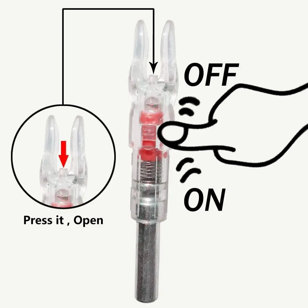 Diagram showing how to press and open lighted arrow nocks for archery, with ON and OFF states illustrated.