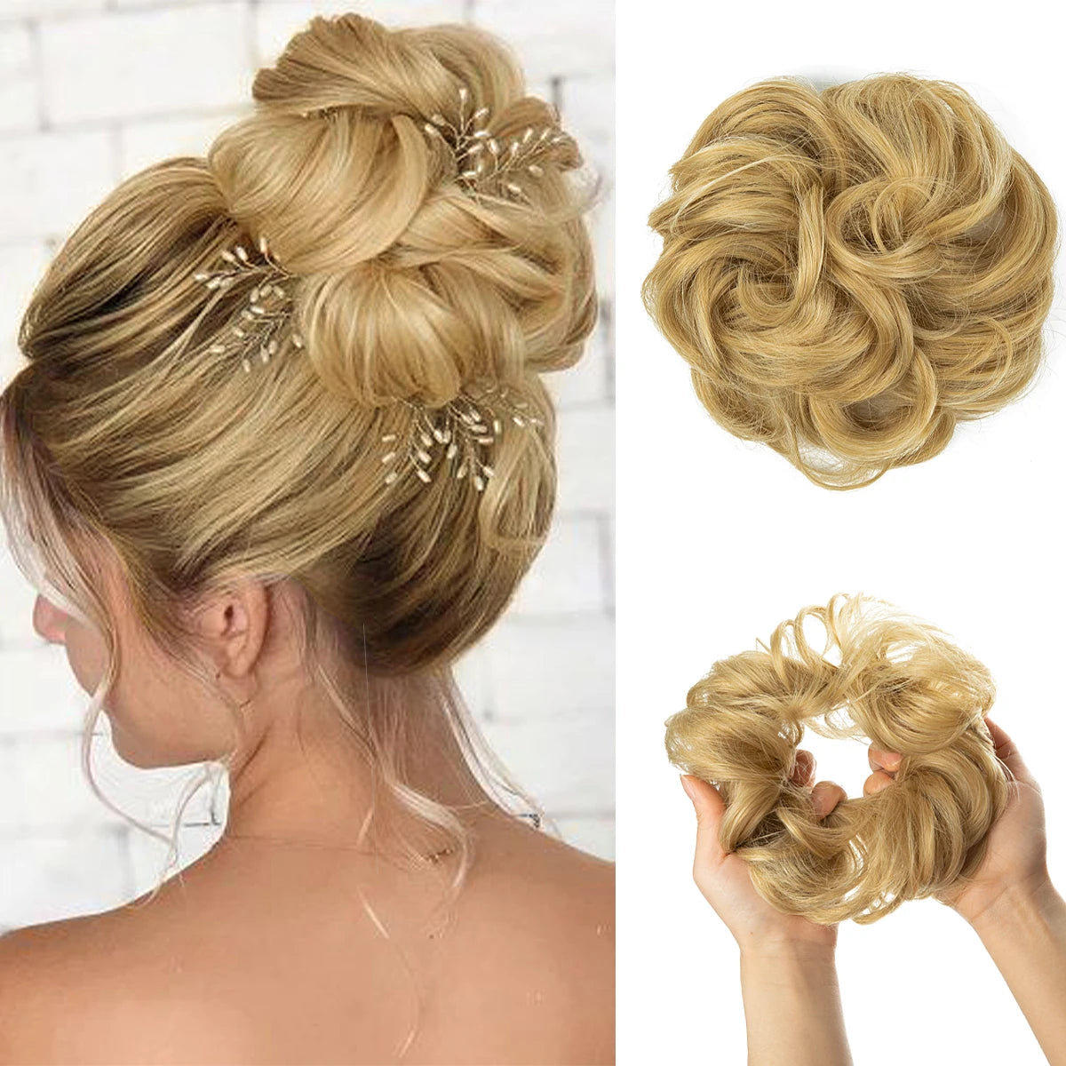 Close-up of blonde hair styled in a textured bun with delicate floral extensions