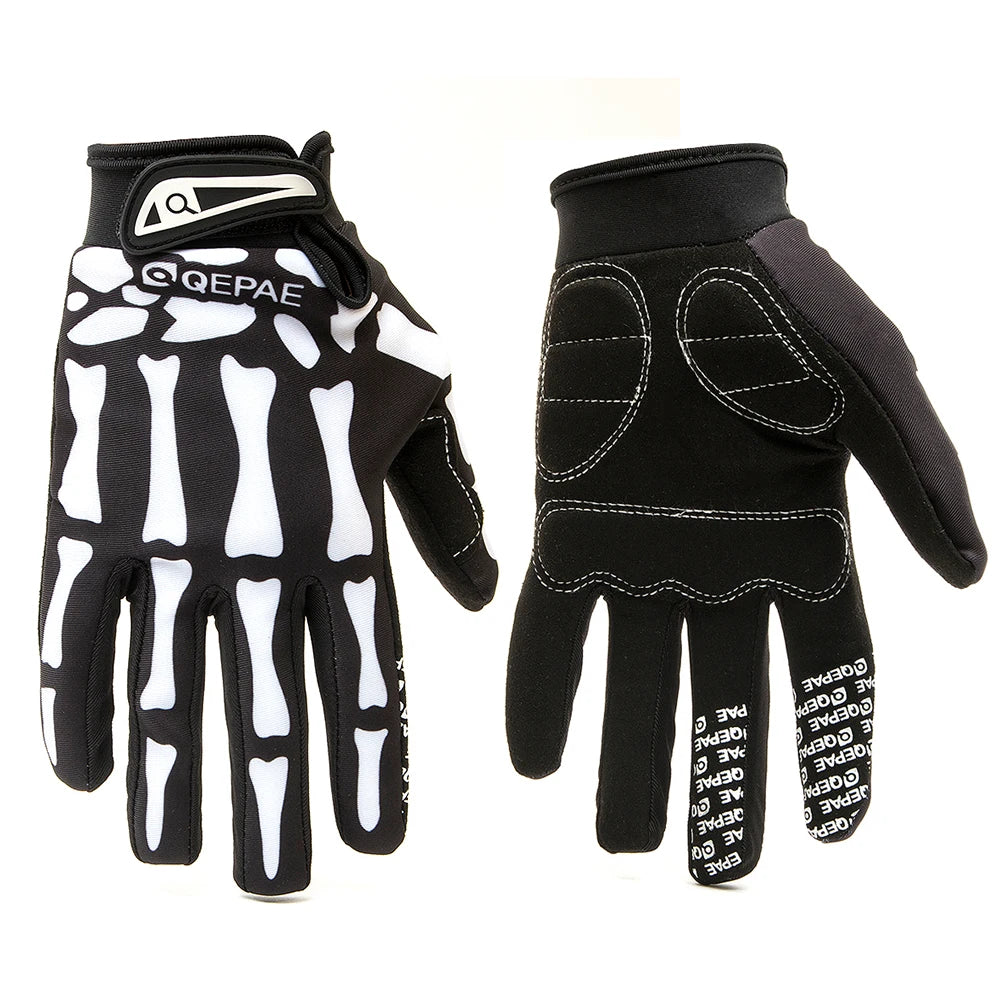 Black and white skeleton print cycling gloves for outdoor sports