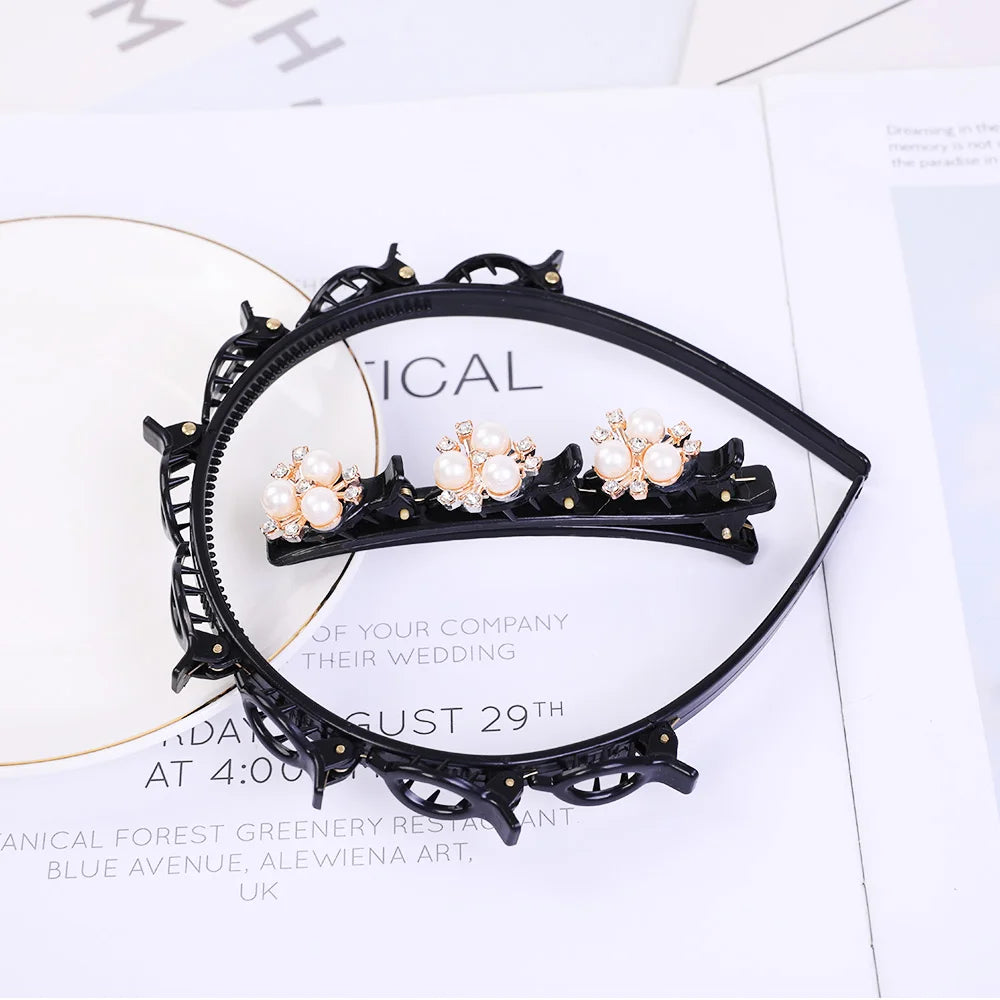 Black double layer headband decorated with pearl and rhinestone accents for a wedding
