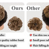 Comparison of hair bun extensions showing thick fuller texture and quality rubber band versus thin small rubber band with hai