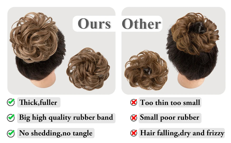 Comparison of hair bun extensions showing thick fuller texture and quality rubber band versus thin small rubber band with hai