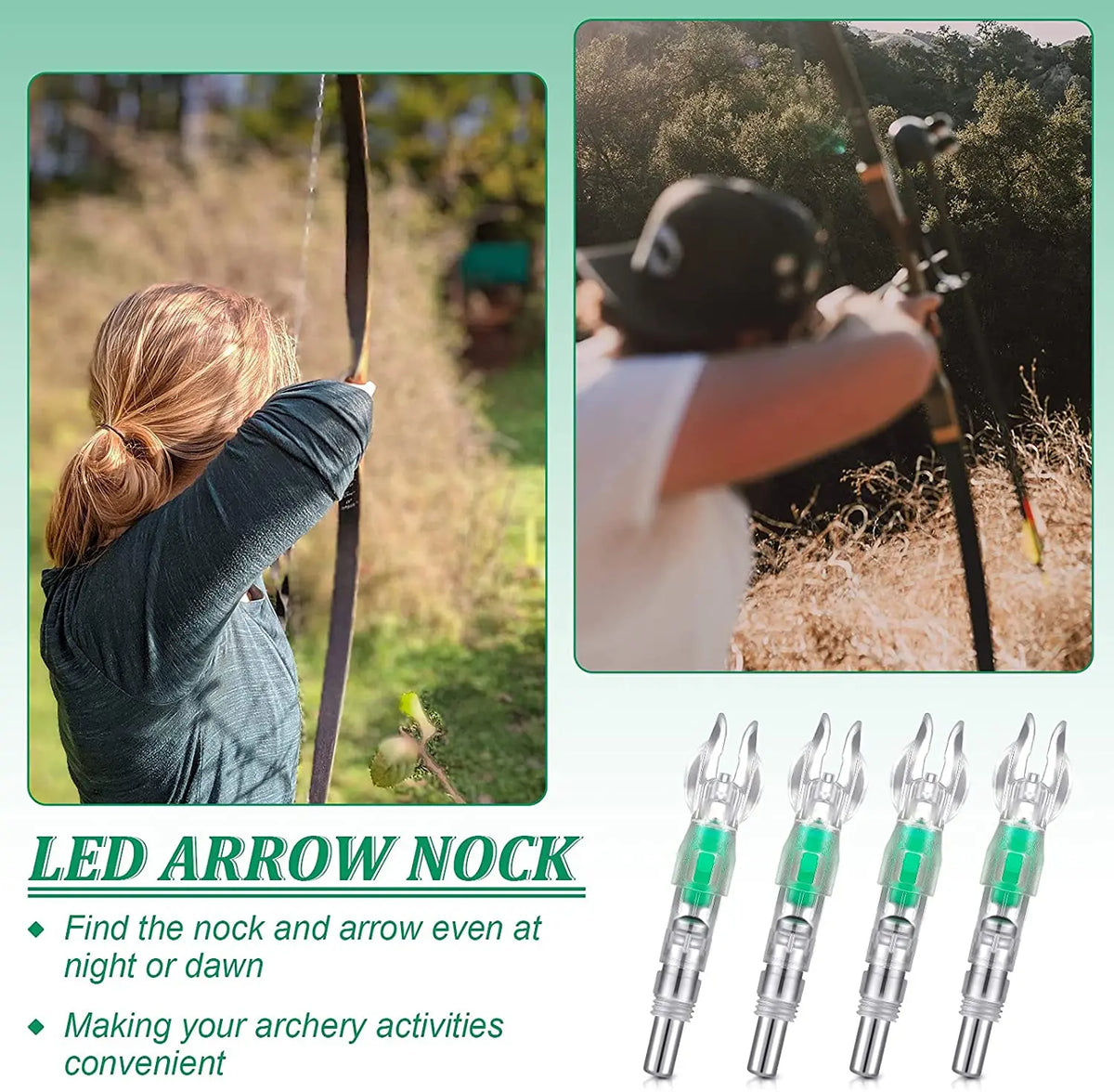 Close-up of LED arrow nocks used for archery, shown in a natural outdoor setting.