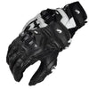 Black and white racing genuine leather motorcycle riding gloves shown from above