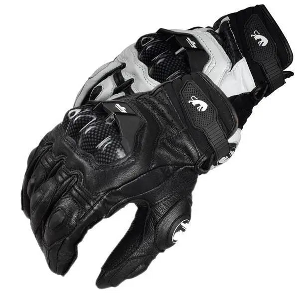 Black and white racing genuine leather motorcycle riding gloves shown from above