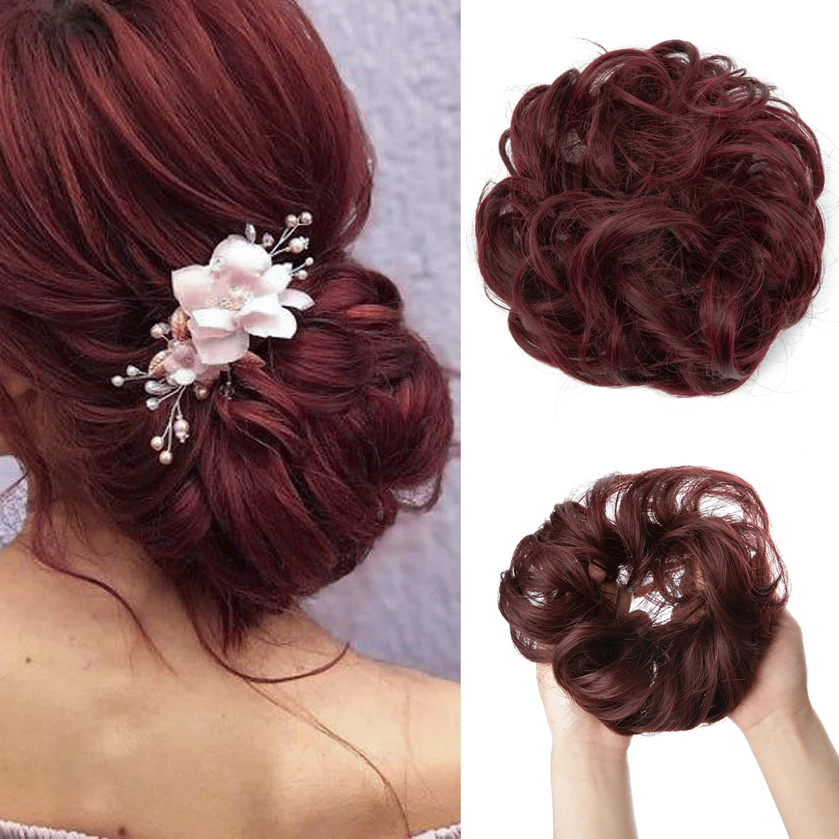 Close-up of messy curly hair bun extensions in deep burgundy color