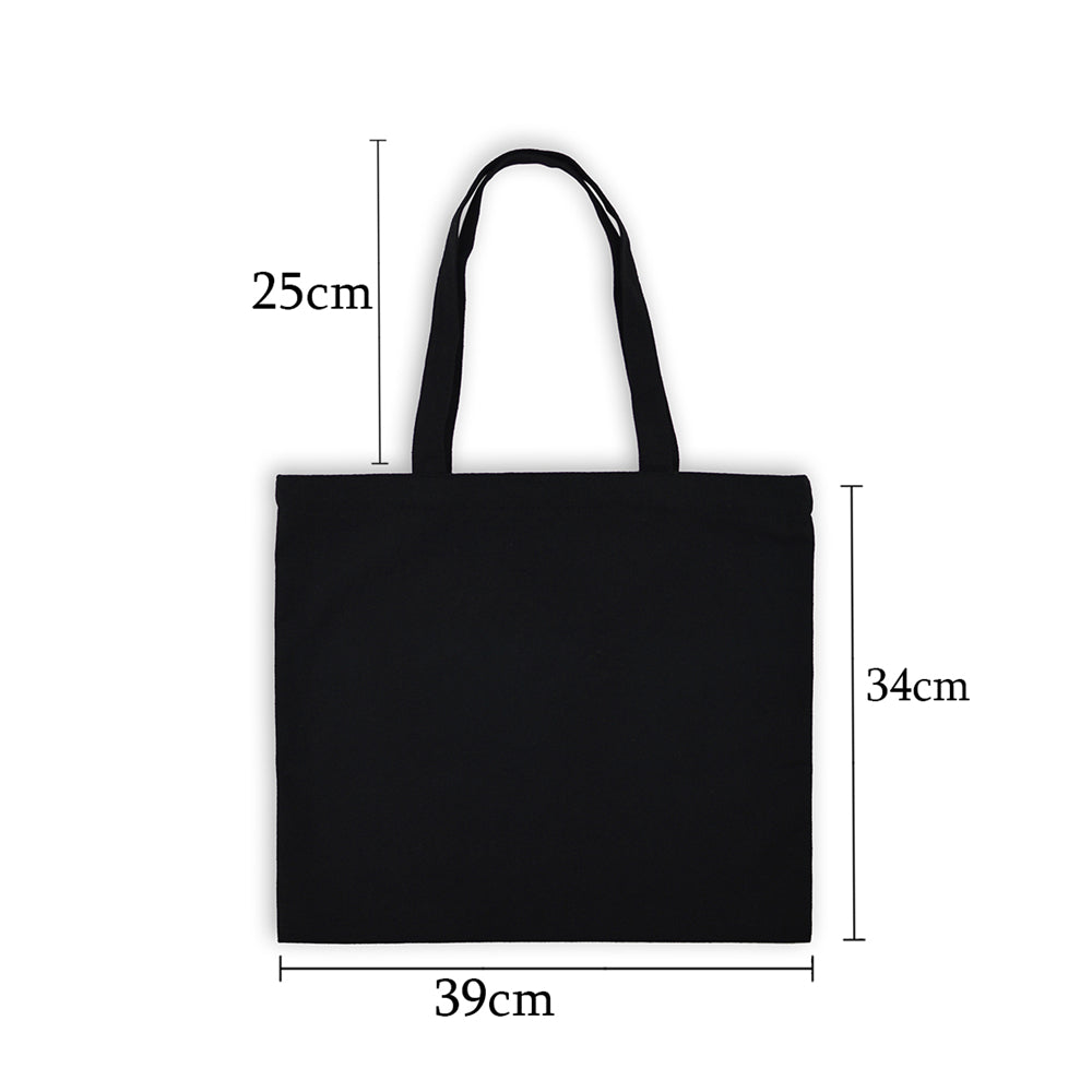 Black canvas tote bag with handles shown against a white background.
