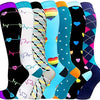 A collection of colorful compression elastic socks featuring various patterns and heart designs.