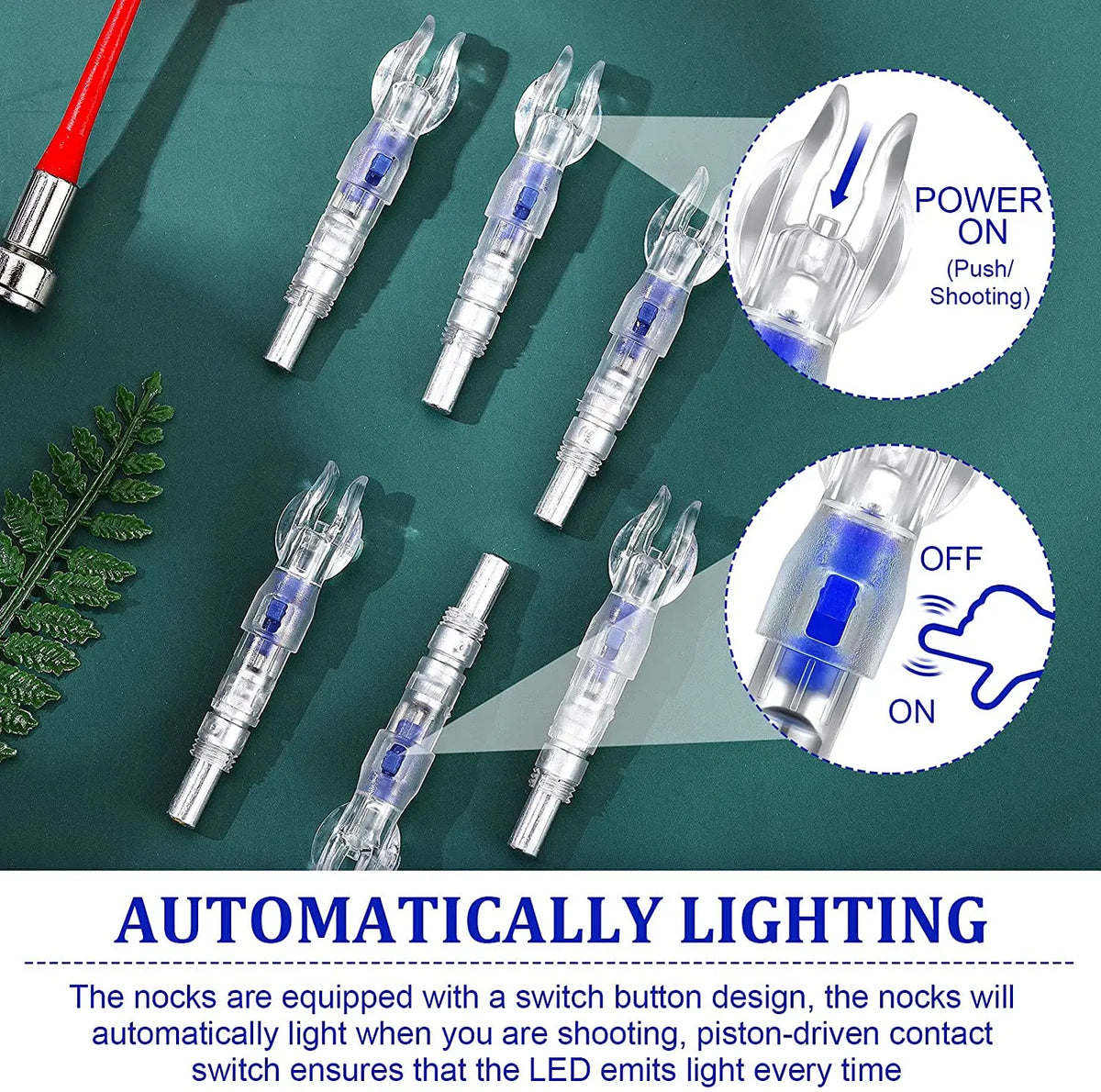A set of lighted arrow nocks for archery showing both ON and OFF states.