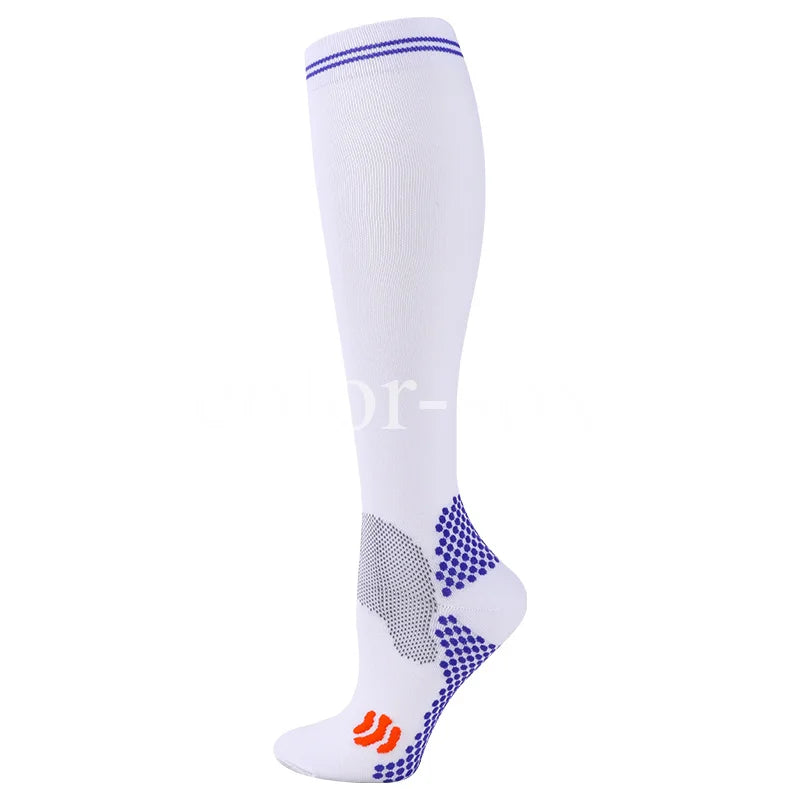 White graduated compression socks with purple accents and a textured pattern