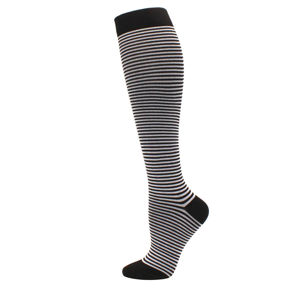 Black and white striped medical grade compression socks for circulation and vein support