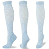 A set of light blue compression socks with a white floral pattern shown in various views.