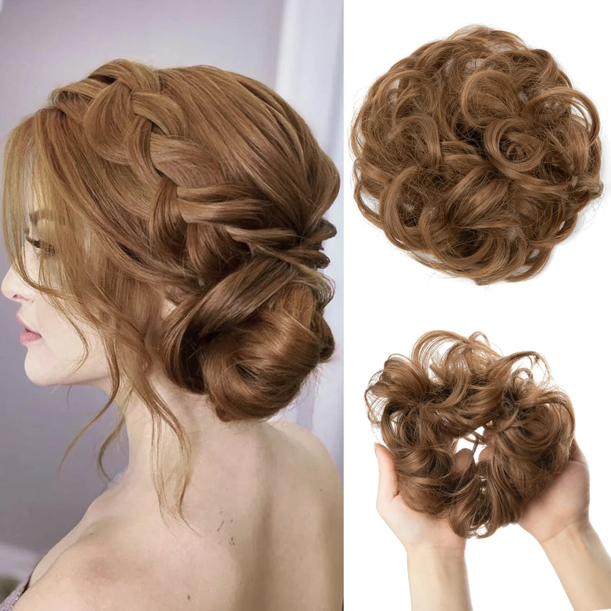 Close-up of messy curly hair bun extensions showing a textured updo hairstyle on a woman's head.