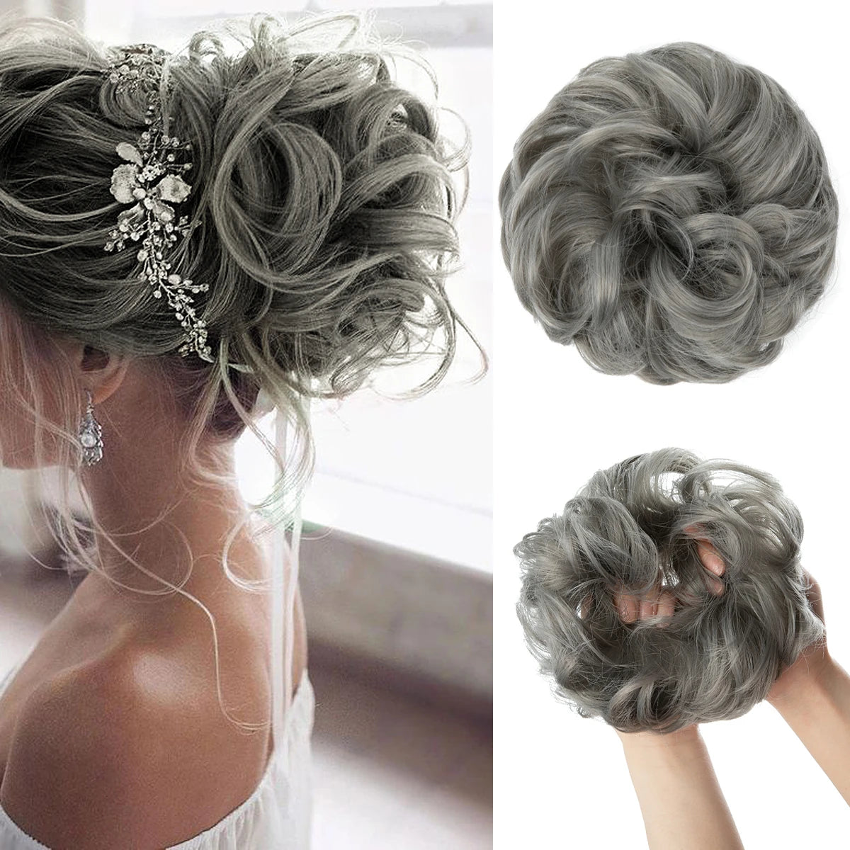 Close-up of gray messy curly hair bun extensions styled in an elegant updo.