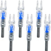 A set of five lighted arrow nocks for archery, featuring clear plastic and metal components.