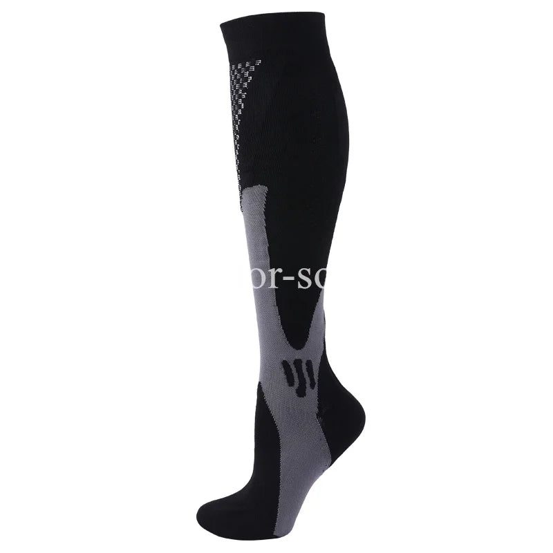 Black graduated compression socks with gray accents shown from the side.