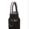 Black water bottle with a white paracord strap for hiking and travel