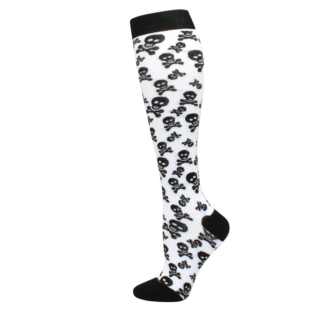 Black and white skull pattern medical grade compression socks for circulation and vein support