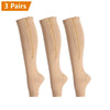 Three pairs of beige zipper compression socks shown standing upright.