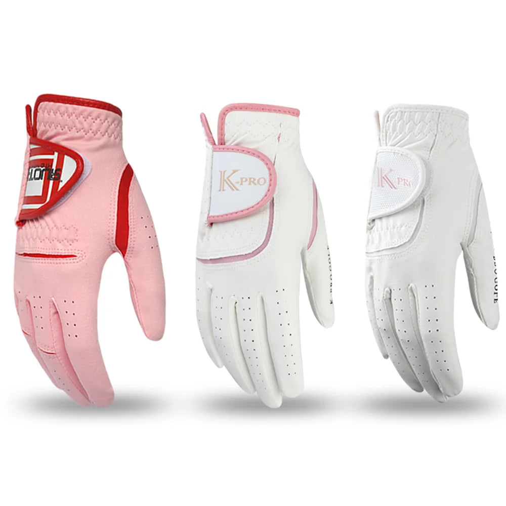 Three pink and white golf grips shown in different angles