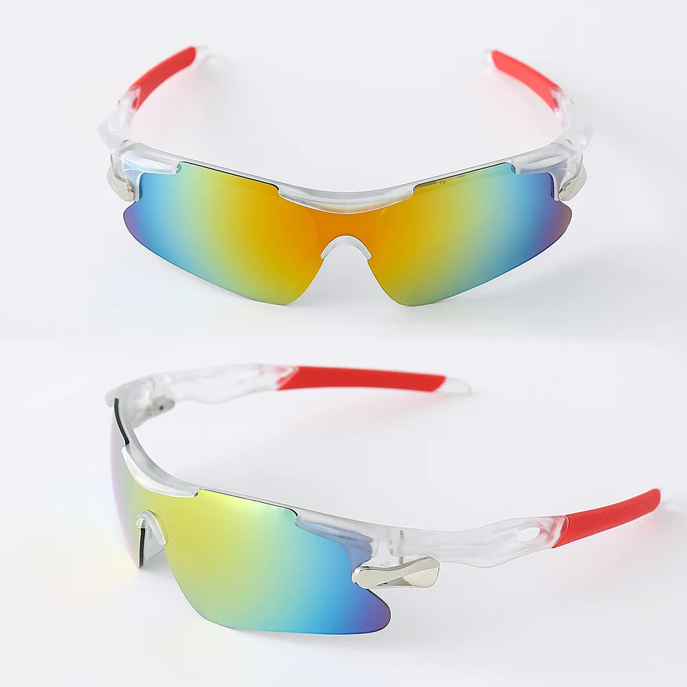 A pair of clear-framed sport sunglasses with mirrored blue and yellow lenses and red accents.