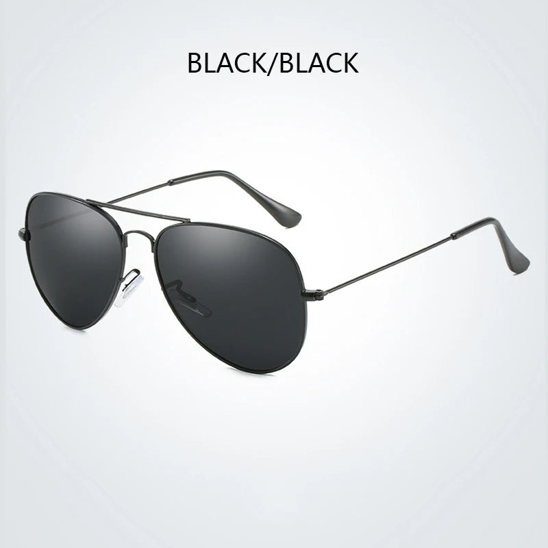 Black polarized pilot sunglasses shown against a white background.