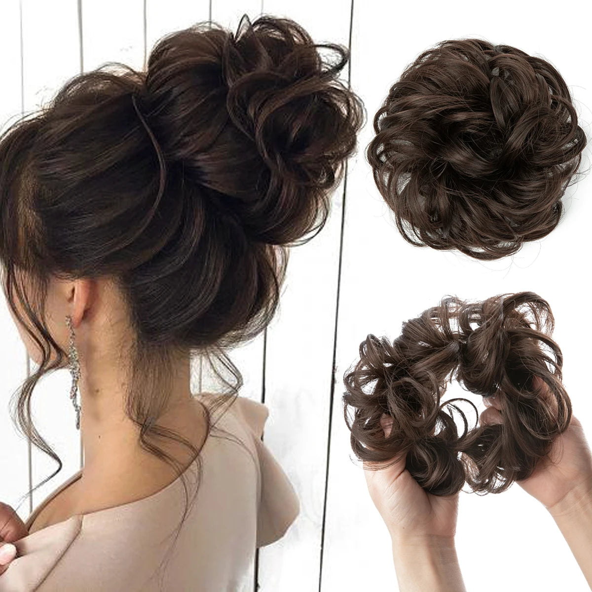 A woman shows off messy curly hair bun extensions styled in an updo and loose curls.