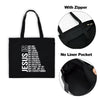 Black canvas tote bag with a white text print of Jesus affirmations and a zipper detail.