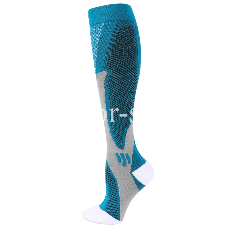 A pair of teal and gray graduated compression socks for sports and recovery.