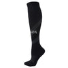 Black graduated compression socks with a subtle geometric pattern.