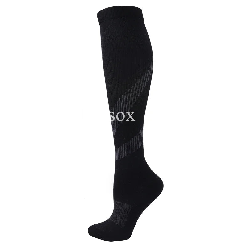 Black graduated compression socks with a subtle geometric pattern.