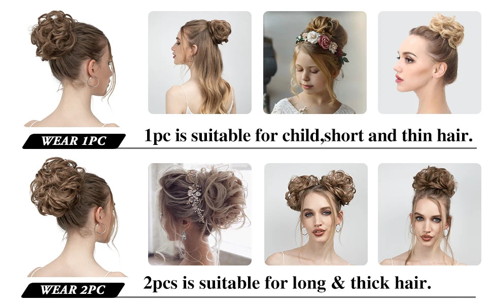 Hair extensions showing different styles for child, short, and thin hair, and long & thick hair.